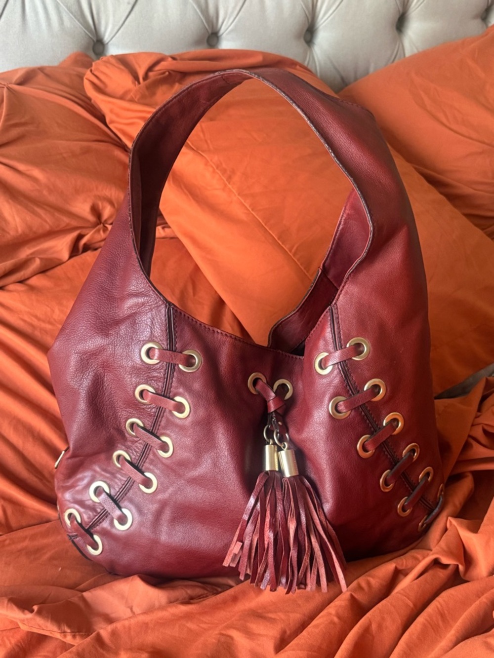 Michael Kors Red Leather Tassel Hobo Bag - Picture 2 of 12